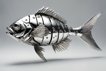 Mechanical chrome fish figurine. Digital illustration.