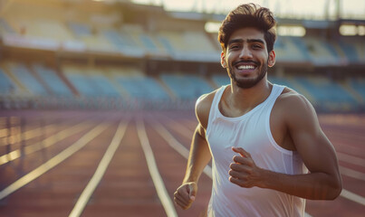 young indian fit and athletic man on running tracks in a stadium