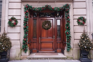 Decorated door with wreaths and christmas decorations