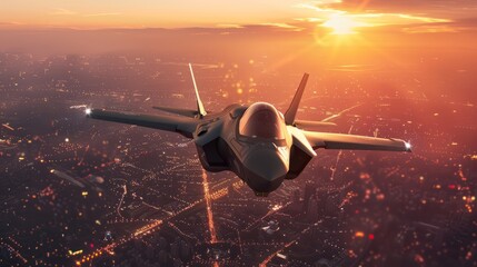 Flying over the cities at sunset an F-35 fighter jet