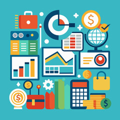 infographics elements, Comprehensive Financial Icons: Currency Symbols, Graphs, and Calculators for Illustrating Monetary Concepts and Financial Reports

