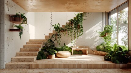 Charming eco-friendly staircase with cork treads, wooden banisters, adorned with hanging plants for...