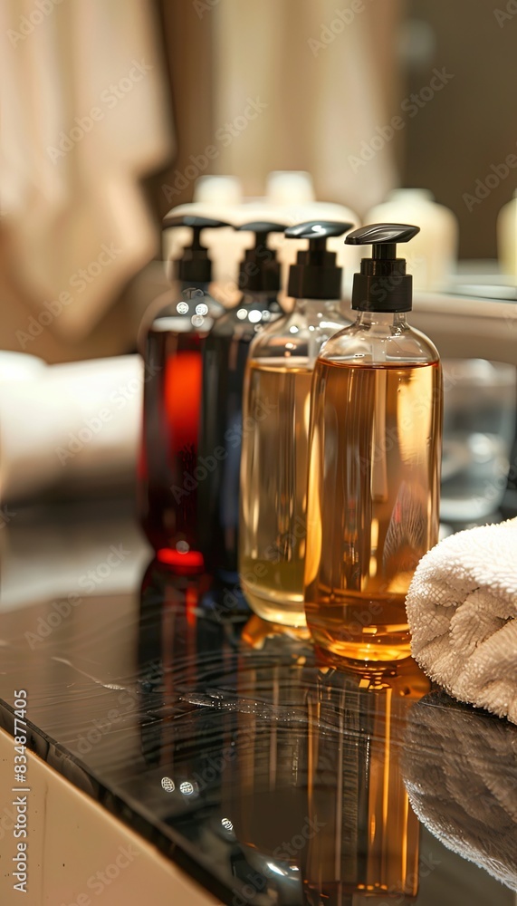 Poster close up of shampoo and conditioner bottles in a modern bathroom. generative ai