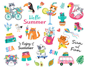 Hello Summer Cat collection. Vector illustration of colorful funny cute doodle summer symbols, such as flamingo, ice cream, palm tree, flowers, cactus. isolated on white background