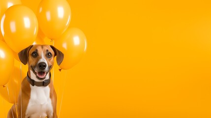 Cheerful dog with balloons on a festive orange background, postcard, copy space