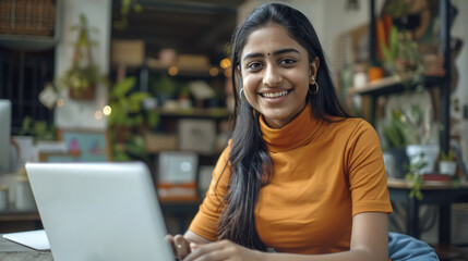 young happy indian woman using laptop at home