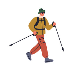 Hiker walking with trekking poles, sticks and backpack. Backpacker guy hiking. Man tourist on travel adventure. Male character with climbing gear. Flat vector illustration isolated on white background