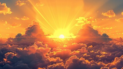 Fototapeta premium A yellow sunrise sky with the sun, clouds and sunbeams