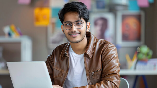 young indian college boy using laptop