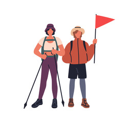 Hikers couple hiking with trekking poles, guide flag. Female tourists, backpackers on adventure, travel. Women friends in walking trip, tour. Flat vector illustration isolated on white background