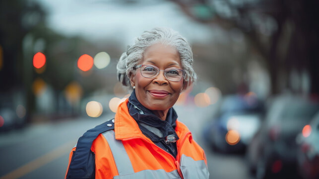 Elderly African American female crossing guard in a neat uniform, smiling while helping children cross the street