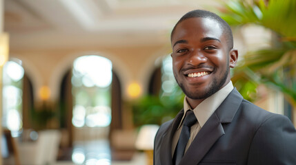 African American male hotel receptionist in a professional uniform, smiling warmly while checking in guests in a bright lobby