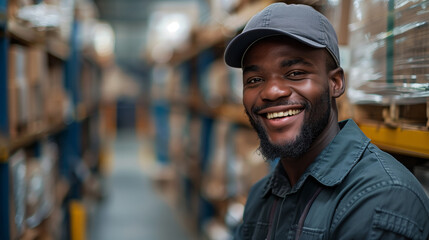 African American male loader in a clean uniform, smiling while lifting boxes in a warehouse. Minimalist setting, professional photography with sharp details, high resolution, no random objects 
