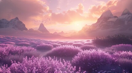 Stunning 3D landscape featuring endless blooming lavender fields reaching the horizon. 3D landscape terrain