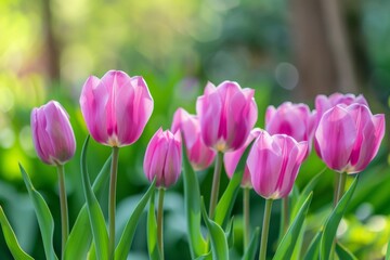 Naklejka premium Close-up of vibrant pink tulips in full bloom – beauty, nature, gardening