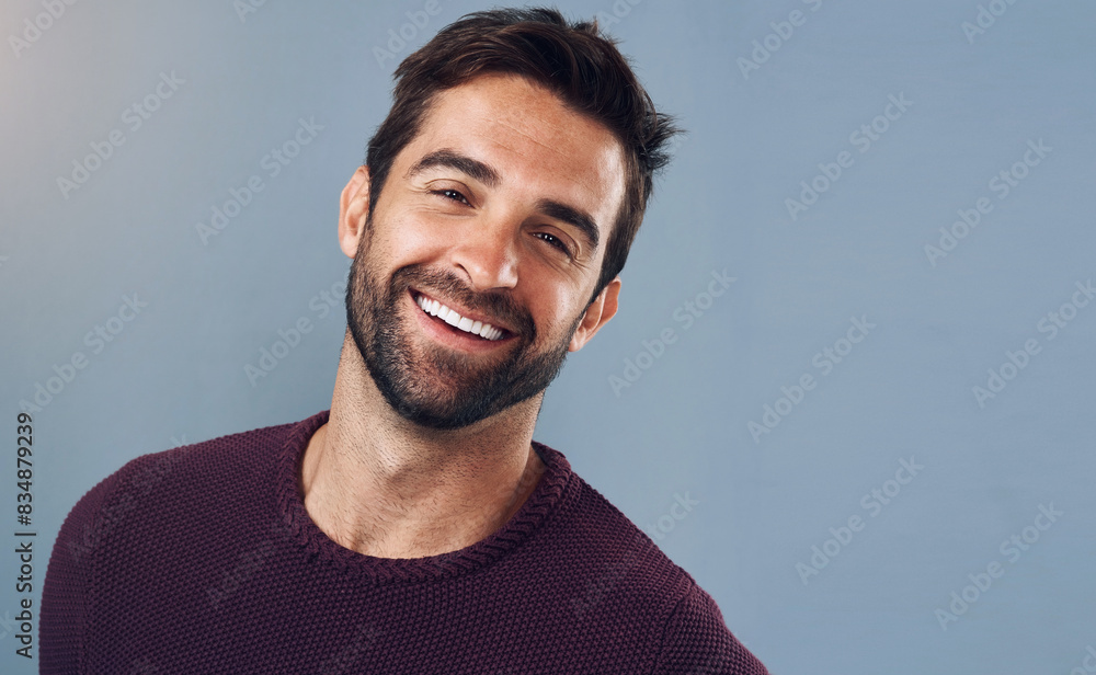 Poster happy, man and portrait with mockup for confidence, pride and positive attitude isolated in studio. 