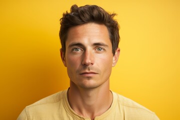 Fototapeta premium Photo of a man with a flirtatious gaze, aged 30 and older, against a light orange backdrop