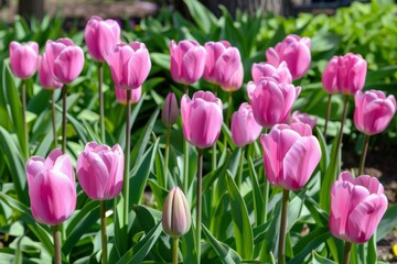 Naklejka premium Close-up of vibrant pink tulips in full bloom – beauty, nature, gardening