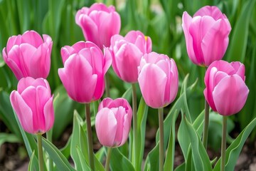 Fototapeta premium Close-up of vibrant pink tulips in full bloom – beauty, nature, gardening