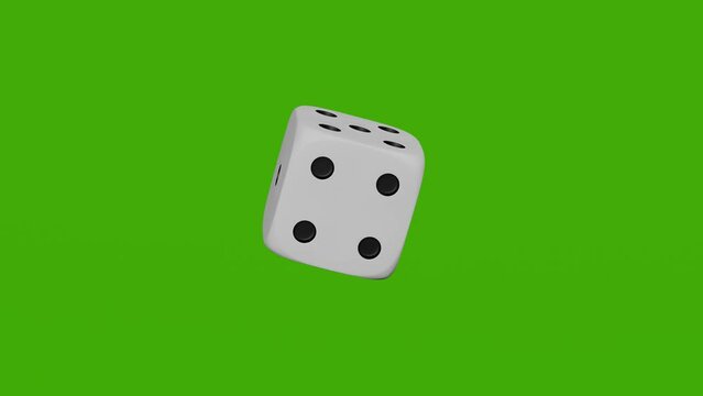 A white die rotates towards the screen on a green screen. 3D animation.
