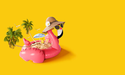 Summer vacation concept. Pink flamingo with palm trees and accessories on vibrant yellow background...