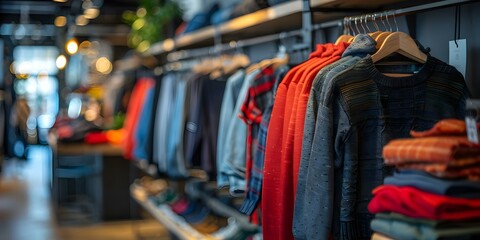 Obraz premium Stylish Clothing Showcase in Fashionable Store. Concept Fashion Trend Display, Chic Store Design, Stylish Clothing Line, Runway-Inspired Setups