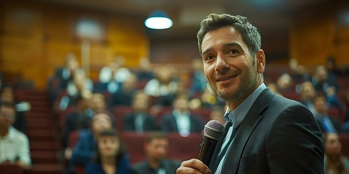 Man in suit holds microphone in front of audience in conference room. Concept Business Presentation, Public Speaking, Conference Room, Corporate Event, Professional Speaker
