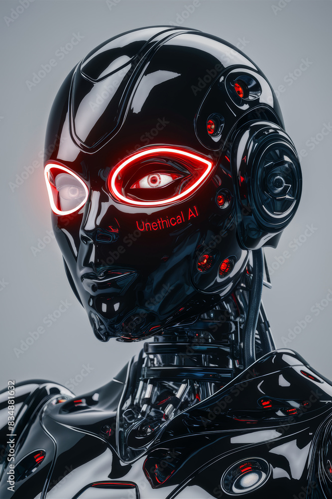 Aufkleber futuristic cybernetic ai robot with glowing red eyes and unethical ai text on faceplate
