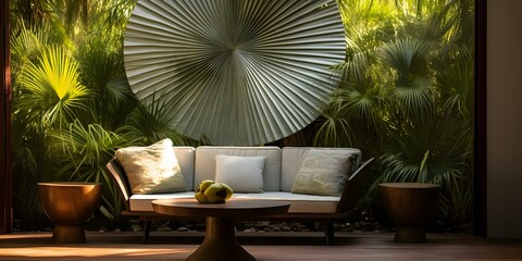 Fototapeta premium Lush tropical setting with mature saw palmetto plant and vibrant fan leaves. Concept Tropical Setting, Saw Palmetto Plant, Vibrant Fan Leaves, Mature Foliage, Lush Greenery