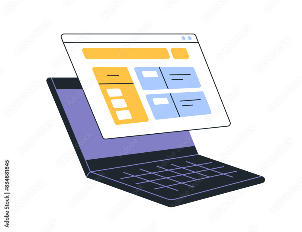 Poster Laptop screen. Browsing internet, web-site. Online content, website interface design, digital data. Surfing virtual network, webpage menu. Flat vector illustration isolated on white background