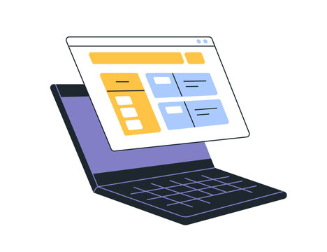 Laptop screen. Browsing internet, web-site. Online content, website interface design, digital data. Surfing virtual network, webpage menu. Flat vector illustration isolated on white background