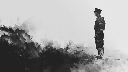 Fototapeta premium Black and white watercolor painting of a soldier standing solemnly, evoking emotions of honor, duty, and reflection.
