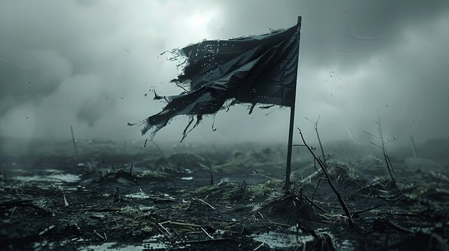 Dramatic image of a torn flag in a desolate, war-torn landscape under a stormy sky, symbolizing struggle and resilience.