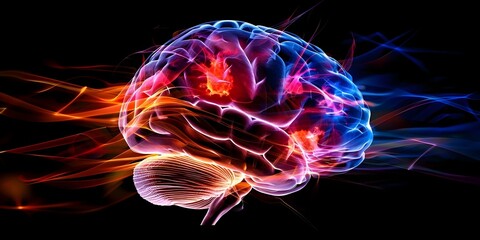 An enhanced brain scan image with a highlighted tumor for Brain Tumor Day. Concept Brain Tumor Awareness, Medical Imaging, Neuroradiology, Diagnosis, Brain Health