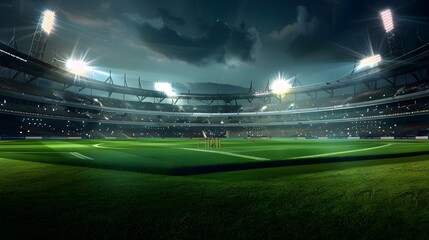Modern sport stadium at night and cricket field with wicket ready for the match. Professional sports background for advertisement.