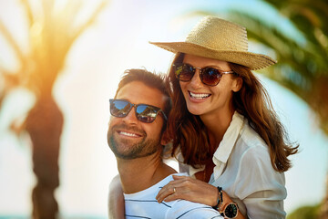 Piggyback, portrait and smile with couple on beach together for anniversary, love or romance in...