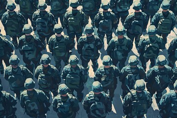 Top view of soldiers in camouflage uniforms standing in formation, showcasing military unity, discipline, and teamwork.