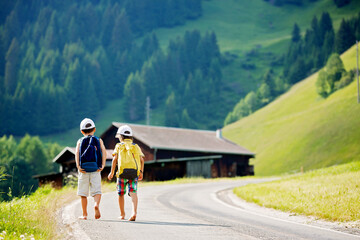 Two little children, boy brothers with backpacks travel on the road to scenic mountains