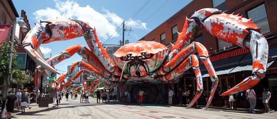 Sidewalk festival featuring a giant crab sticks art piece