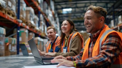 A successful warehouse team was watching a slideshow presentation on a laptop. Cheerful logistics workers are having a staff meeting in a large distribution warehouse.