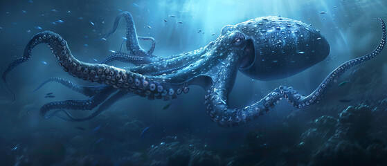 Giant squid swimming in deep ocean waters