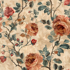  Vintage Floral Rose Pattern, Elegant and Classic, Beige Background