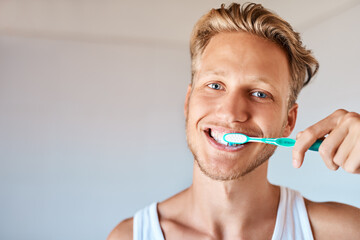 Dental hygiene, portrait and man brushing teeth in home for health, wellness and morning routine....