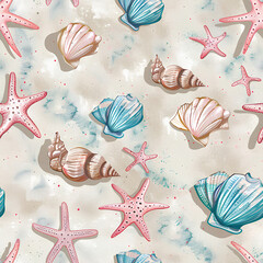  Vibrant Seashell and Starfish Pattern, Coastal Theme, Beige Background