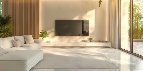 Elegant Contemporary Living Room with White Sofa, TV Unit, and Open Design. Concept Elegant Decor, Contemporary Living Room, White Sofa, TV Unit, Open Design