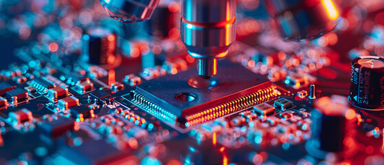Closeup of semiconductor circuits under a microscope