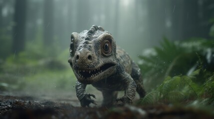 Fototapeta premium Cute baby dinosaur in prehistoric forest. Photorealistic.