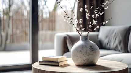 Close up of ceramic vase with blossom twigs on round wooden coffee table against grey sofa and window. Minimalist home interior design of modern living room.