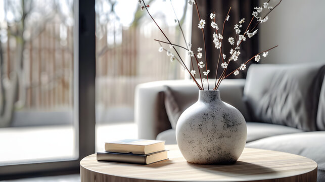 Fototapeta Close up of ceramic vase with blossom twigs on round wooden coffee table against grey sofa and window. Minimalist home interior design of modern living room.