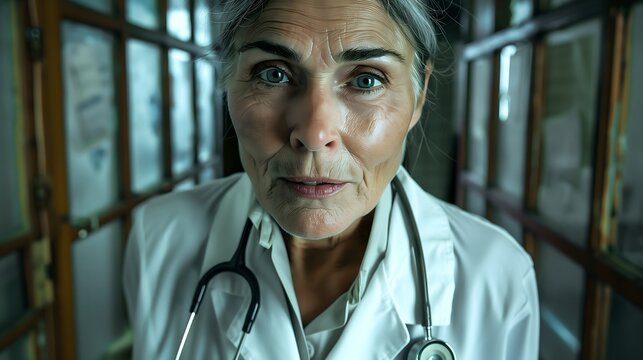 anziana dottoressa che fissa lo spettatore in modo drammatico con atmosfera cupa